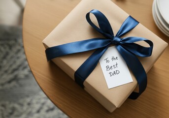 Gift box with blue ribbon and To the best dad tag on wooden table