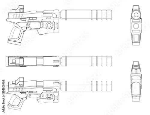 A gun is shown in three different angles. The gun is a pistol with a silencer. The gun is shown in a black and white drawing