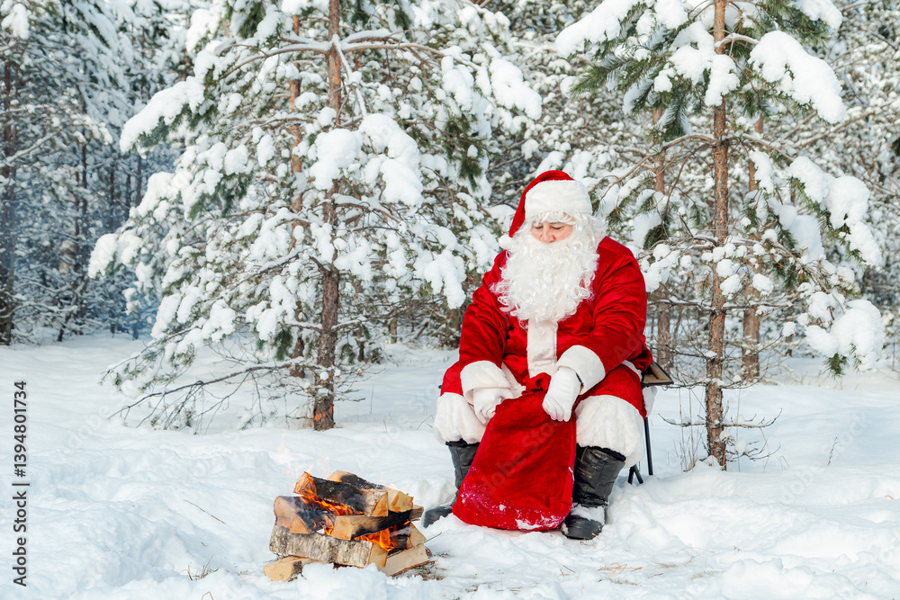 Fototapeta premium Authentic Santa Claus with a bag of gifts sits near a fire in a snowy forest.
