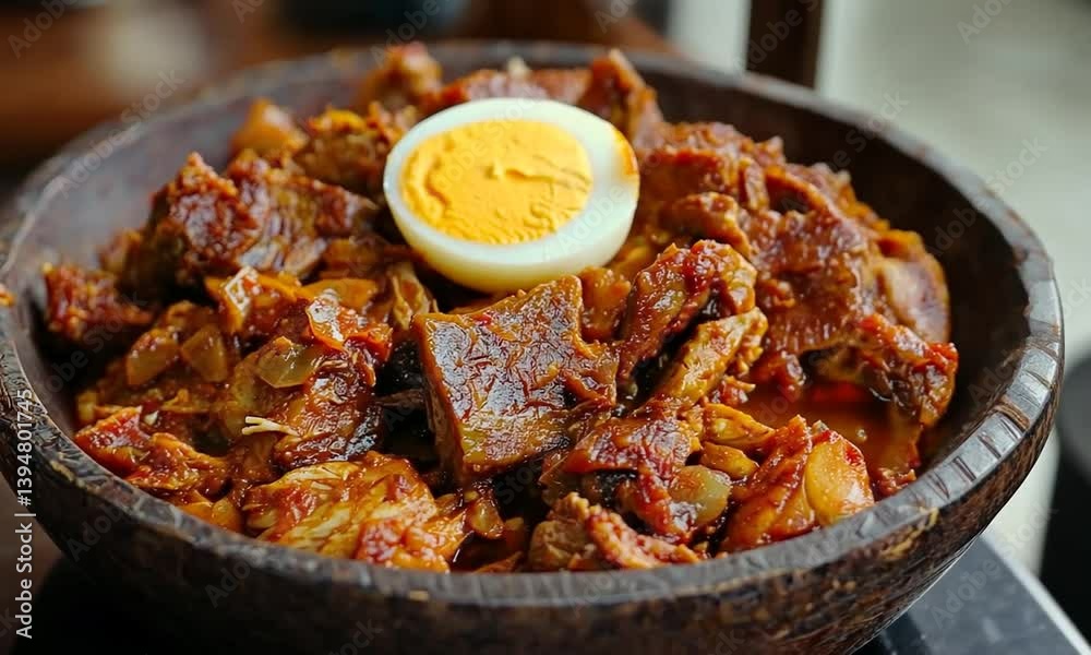 A vibrant bowl of spicy meat stew garnished with a boiled egg, served in a rustic wooden dish