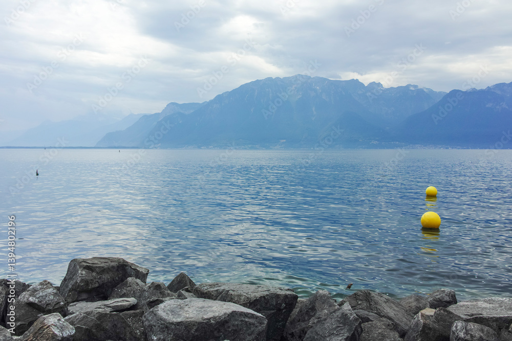 Landscape from town of Vevey to Lake Geneva, Switzerland
