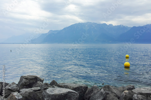 Obraz na płótnie Landscape from town of Vevey to Lake Geneva, Switzerland w salonie