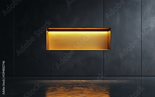 A bold, matte black textured wall featuring a centered, recessed product niche with golden LED backlighting. The reflective epoxy flooring intensifies the depth.