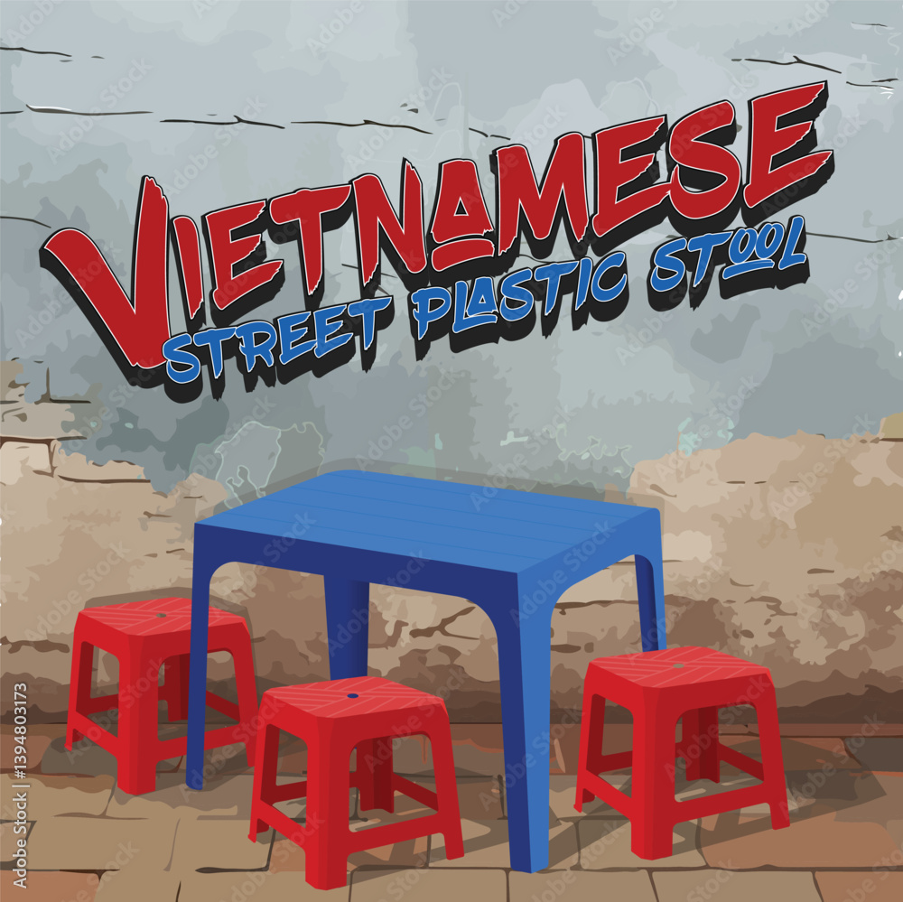 A bold vector illustration capturing the iconic Vietnamese street culture, featuring a classic red plastic stool and blue table set against a textured, cracked wall. Perfect for nostalgic, retro-style