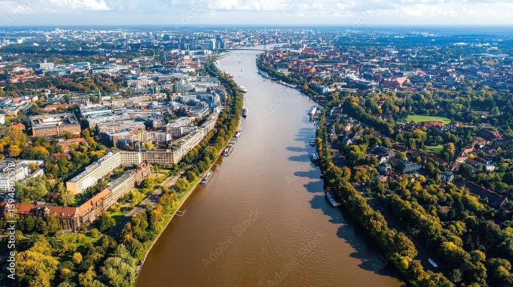 Fototapeta premium Aerial View of a Scenic River Bending Through Urban Landscape