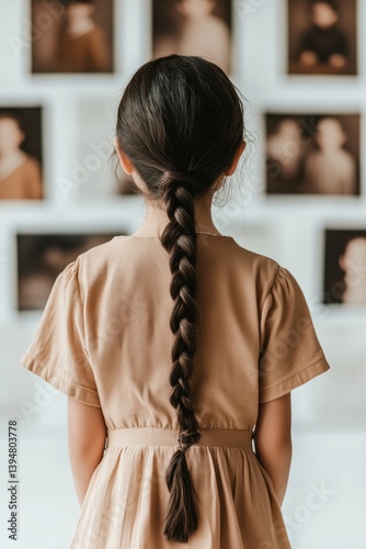 Young girl with long braided hair looking at blurred art gallery wall