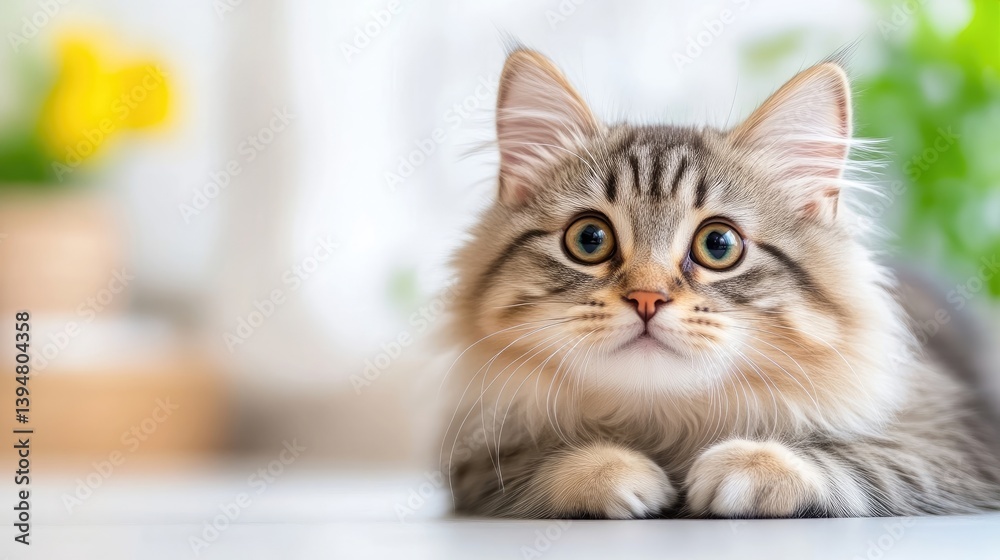 Obraz premium Cute fluffy kitten, looking directly at viewer. Soft focus background