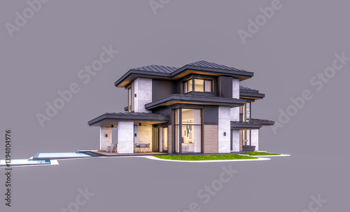 3d rendering of modern two story house with gray and wood accents, large windows, parking. In the evening Isolated on gray