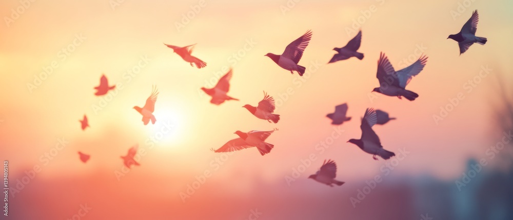 Flock of birds illuminated by a warm sunset, flying across a pastel sky, epitomizes both freedom and the poetic beauty of twilight hours. Flock of birds illuminated by a warm sunset, flying across a pastel sky, epitomizes both freedom and the poetic beauty of twilight hours.