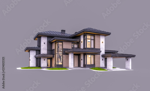 3d rendering of modern two story house with gray and wood accents, large windows, parking. In the evening Isolated on gray