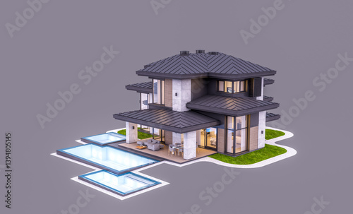 3d rendering of modern two story house with gray and wood accents, large windows, parking. In the evening Isolated on gray