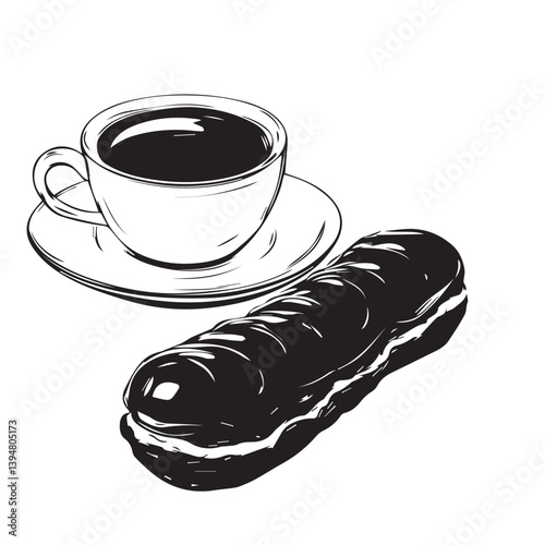 black and white image of tea with eclair on a plate on a white background, graphics, vector
