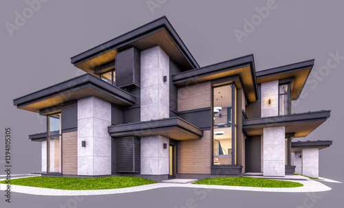 3d rendering of modern two story house with gray and wood accents, large windows, parking. In the evening Isolated on gray