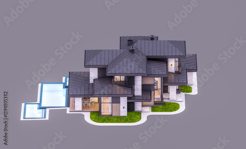 3d rendering of modern two story house with gray and wood accents, large windows, parking. In the evening Isolated on gray