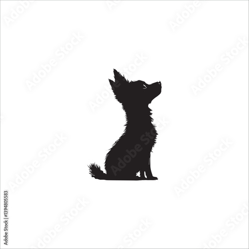 black and white image of a beautiful sitting dog on a white background, side view, graphic, vector, logo
