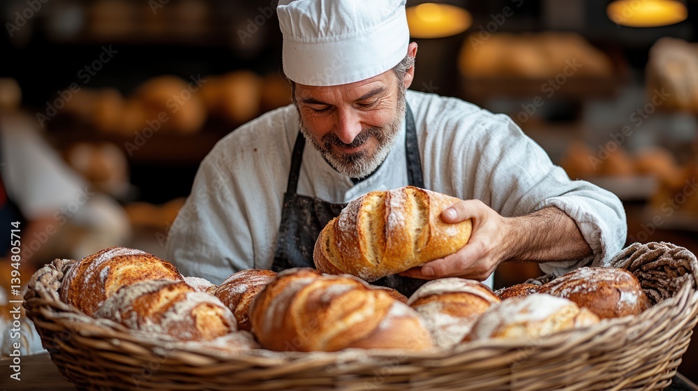 Baker examining fresh loaves Baker examining fresh loaves