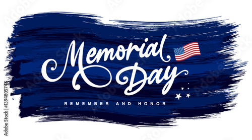 Memorial day text with dark blue brush stroke, 
grunge distressed American flag clipart background 
isolated on white for web, social media, USA