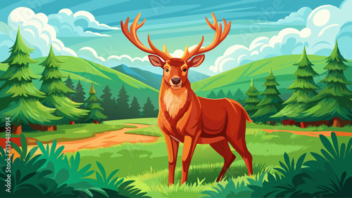 Majestic red deer, cervus elaphus, standing on meadow in summer nature. Dominant male mammal with massive antlers looking into camera on green field. Strong wild animal observing his 