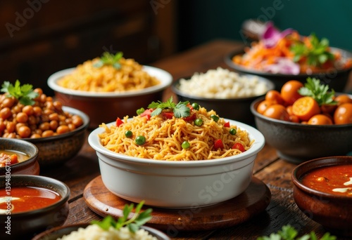 A vibrant spread of delicious Indian cuisine featuring noodles and various dishes