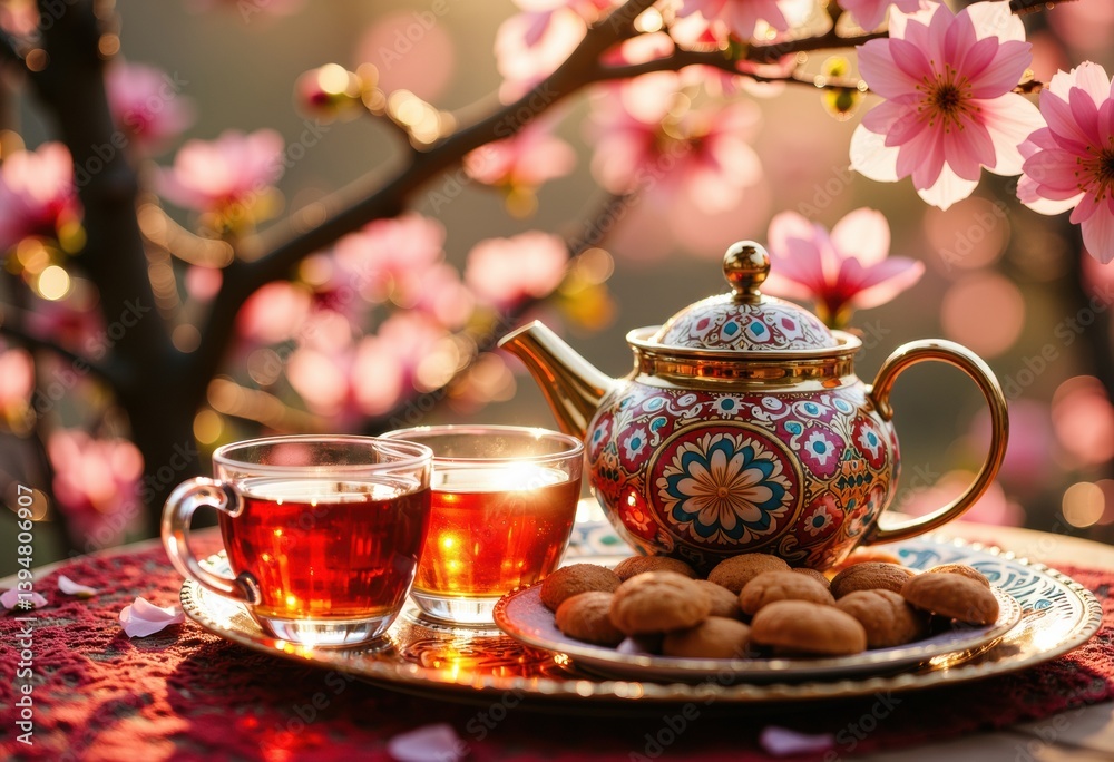 Fototapeta premium Traditional tea set with cookies surrounded by blooming flowers