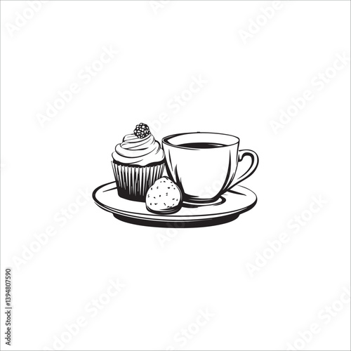 black and white image of a cup of coffee and cake on a white background, graphics, vector
