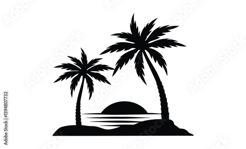 Tropical palm trees sunset scene silhouette, Palm tree silhouette vector illustration 