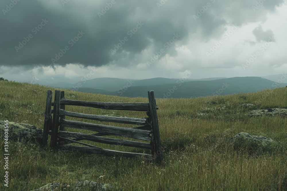 Fototapeta premium Lonely Wooden Fence on Grassy Hill Under Stormy Sky