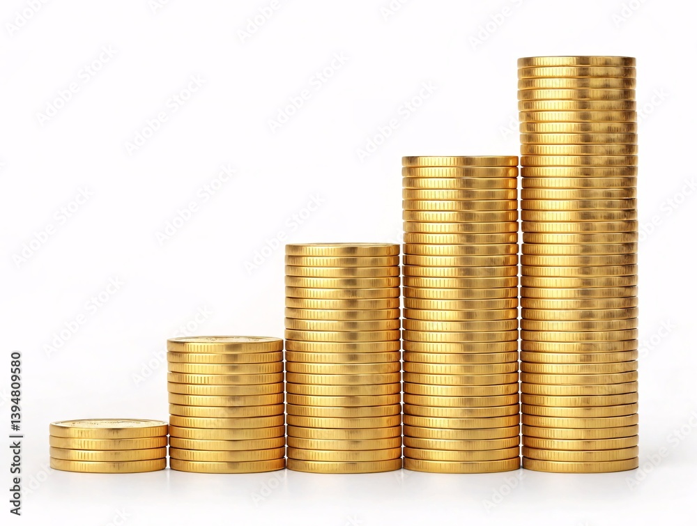 Stacks of Gold Coins in Ascending Order Representing Financial Growth, Savings, and Wealth Accumulation Stacks of Gold Coins in Ascending Order Representing Financial Growth, Savings, and Wealth Accumulation