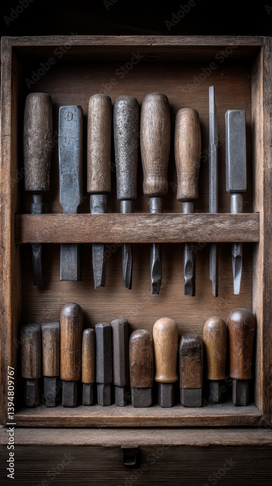 Set of architectural tools neatly organized in a wooden box - improvement tool craft set neat Set of architectural tools neatly organized in a wooden box - improvement tool craft set neat