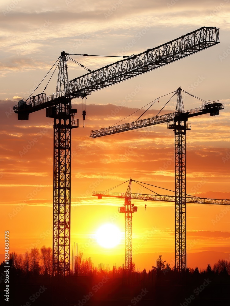 Several cranes working on a large-scale construction project at sunset - business skyline city construction steel Several cranes working on a large-scale construction project at sunset - business skyline city construction steel
