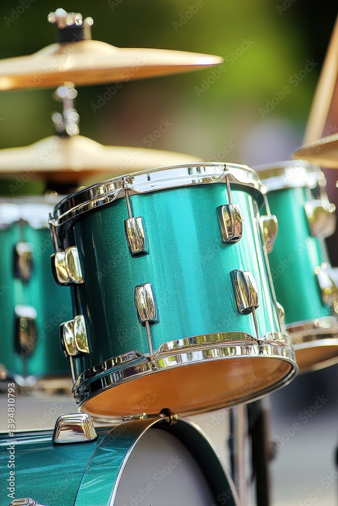 Obraz premium Captivating Close Up of a Teal Drum Kit with Chrome Accents and a Soft Green Background for Music Enthusiasts