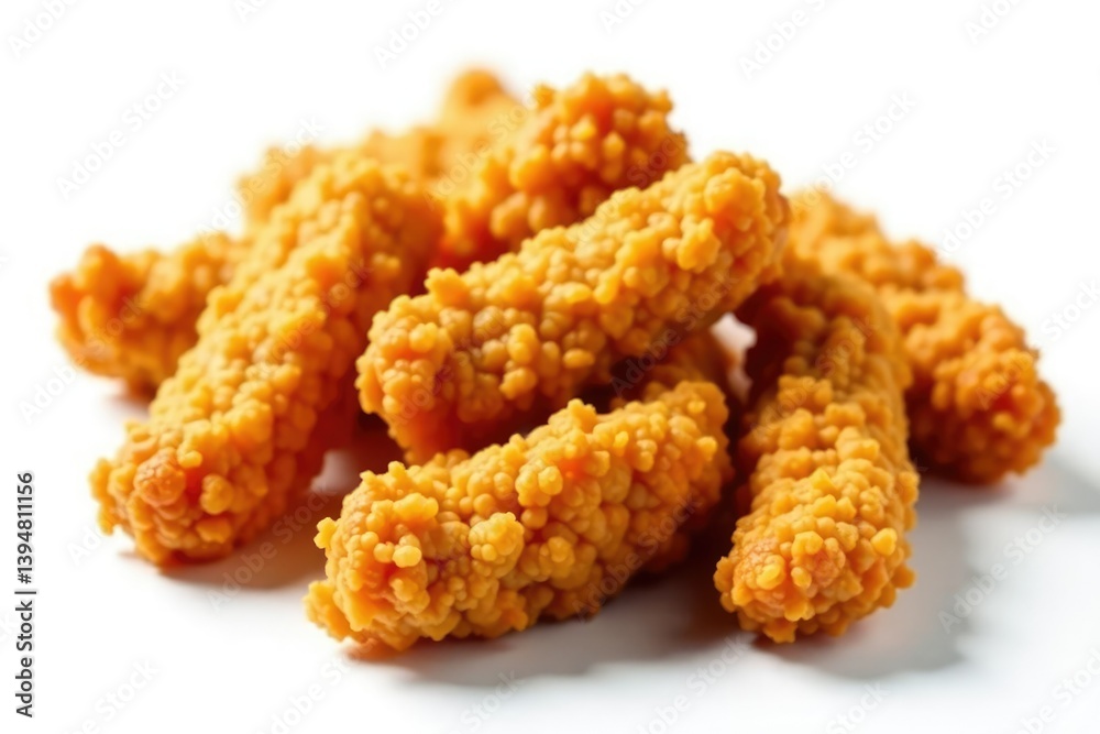 Crispy fried chicken strips, isolated on white , close up, overhead Crispy fried chicken strips, isolated on white , close up, overhead