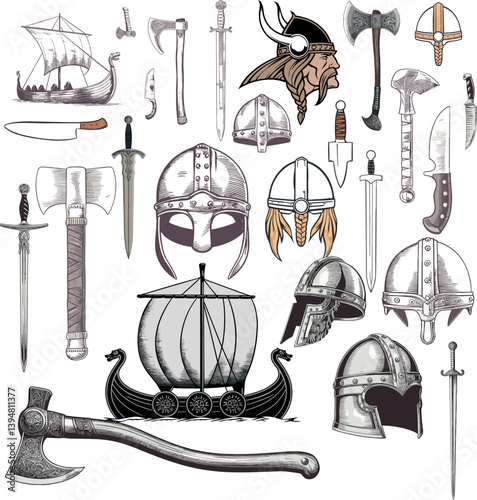 Set viking. Knife, drakkar, axe, helmet, sword, hammer, thor amulet with runes. Vintage vector black engraving illustration isolated on white background. Hand drawn design element for poster, tattoo