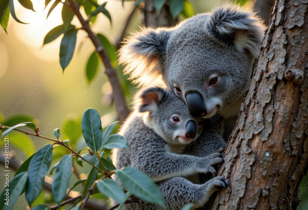Fototapeta premium A tender moment between a mother koala and her baby in a tree