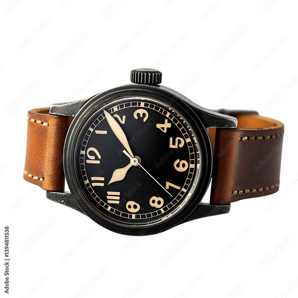 Classic Black Field Watch with Cream Numerals and Brown Leather Straps Isolated on Transparent Background Classic Black Field Watch with Cream Numerals and Brown Leather Straps Isolated on Transparent Background