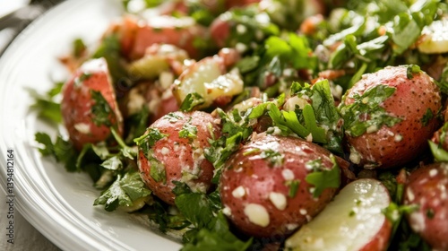 Close up of vibrant red potato salad with fresh parsley and creamy dressing on a white plate offering a delicious culinary experience and visual appeal