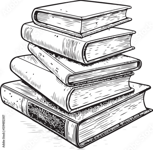 Stack of Several Books, Reading, Studying and Library, Black and White Vector Illustration, Sketch Drawing Line Linear Symbol Icon Engraving, Hand-drawn Isolated