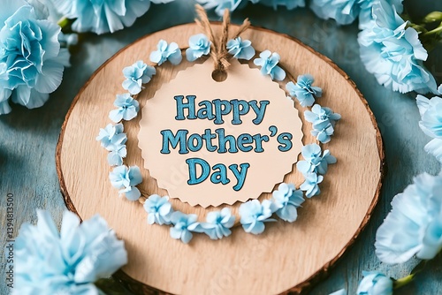 An artistic top view of "Happy Mother's Day" on a paper tag, encircled by light blue carnations on a smooth wooden board.