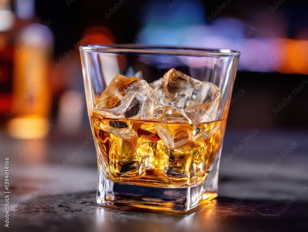 Close up of a glass of whiskey with ice cubes on a bar counter with a blurred background Close up of a glass of whiskey with ice cubes on a bar counter with a blurred background