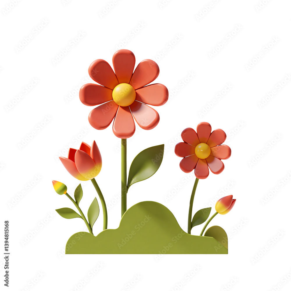 Naklejka premium Spring Garden Flowers Blooming 3D Render Icon Illustration with Cute Cartoon Style