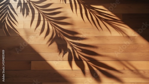 Aerial perspective of a soft brown tabletop featuring high-resolution texture and palm leaf shadows, summer-themed table background with blank space for text or design, gentle cozy sunlit table