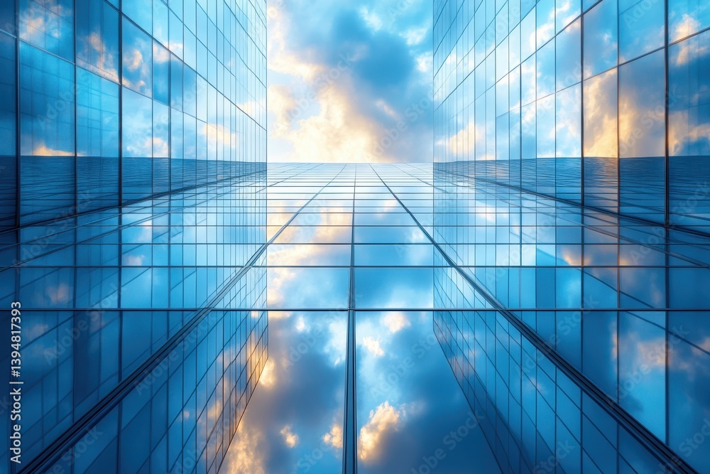 Looking up at a modern glass building reflecting the sky during sunset in an urban setting Looking up at a modern glass building reflecting the sky during sunset in an urban setting