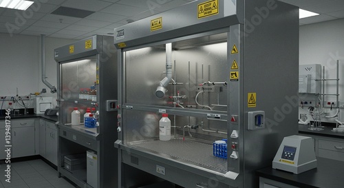 A Clean Laboratory Fume Hood With Neatly Labeled Chemical Bottles Safety Signage And Stainless Steel Surfaces