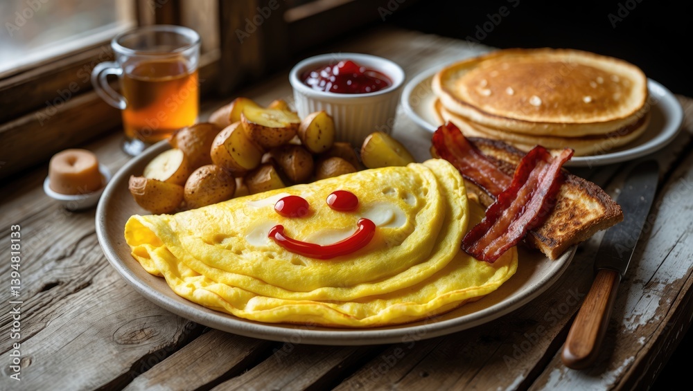 An enjoyable breakfast with an omelet featuring a ketchup smiley, roasted potatoes, toast, jam, scrambled eggs, bacon, and pancakes with syrup, arranged on a wooden table. An enjoyable breakfast with an omelet featuring a ketchup smiley, roasted potatoes, toast, jam, scrambled eggs, bacon, and pancakes with syrup, arranged on a wooden table.