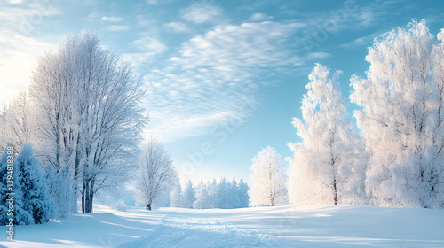 blue-toned winter landscape with snow-covered trees and a pale blue sky overhead 