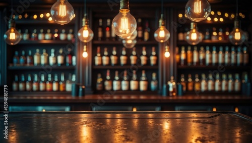 Metal table and retro lamps with a liquor bar backdrop