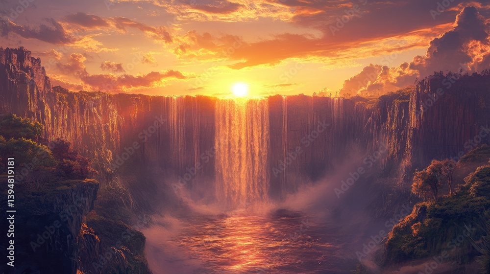Fototapeta premium Majestic Waterfall Bathed in the Golden Glow of Sunset