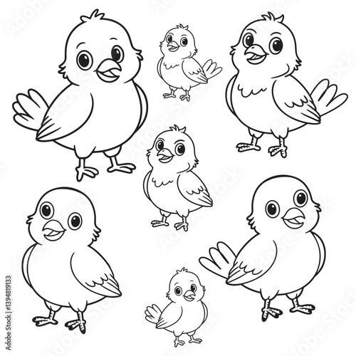 Cute birds in black and white, birds line art bundle, bird illustration