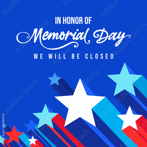 US Memorial day closed sign, square 
with Dark blue modern abstract stars background 
for social media post, website, banner, poster, card, USA 