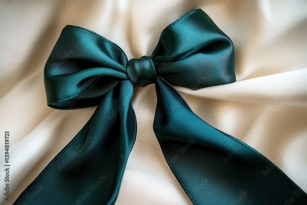 Elegant Teal Bow: A luxurious teal-colored bow made from silky fabric. The bow is elegantly arranged, and its sheen and smooth texture captivate attention, radiating sophistication and charm.